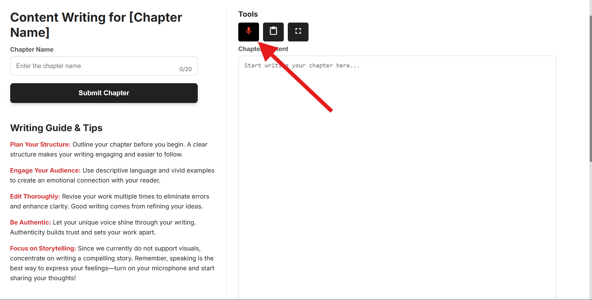 Writing page — voice tool recording active (landscape view)